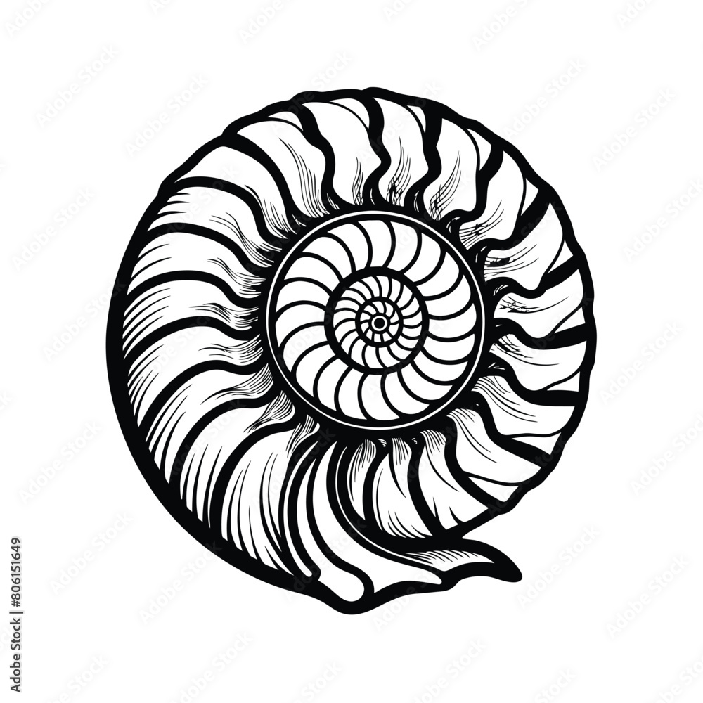 Ammonite black outline in sketch style on white background, vector illustration Ammonite black outline in sketch style on white background, vector illustration
