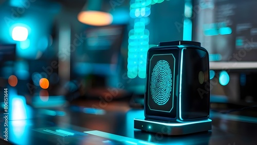 A digital fingerprint scanner verifies identity using biometric data for cybersecurity. Concept Identity Verification, Biometric Data, Cybersecurity Measures