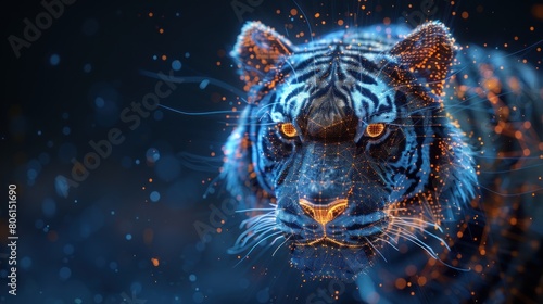 Polygonal blue tiger on dark blue background. With a blockchain network. Online cooperation services for tracking  communication  traffic  navigation