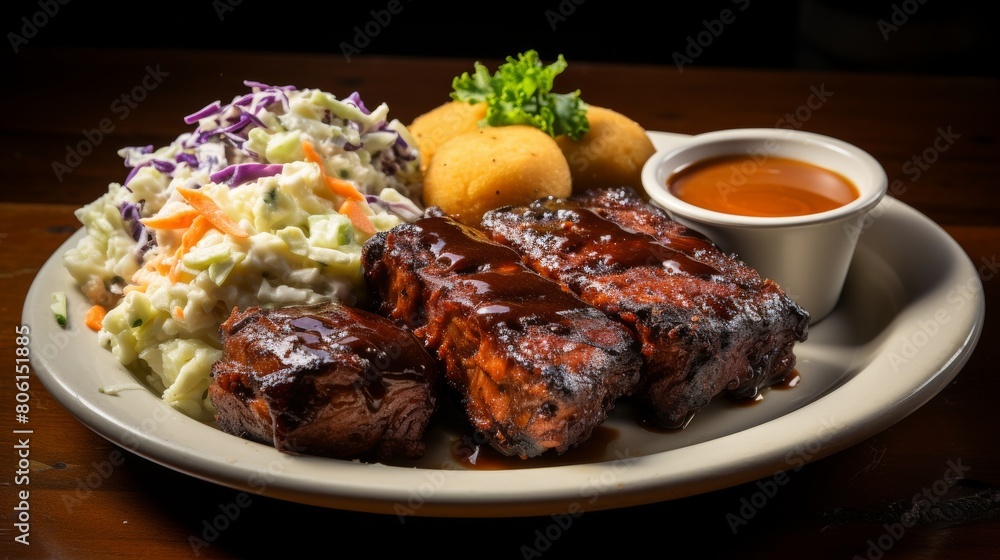 A white plate adorned with succulent ribs and a generous serving of coleslaw