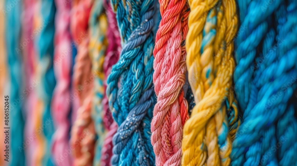 A row of colorful yarns are hanging from a wall. The colors are bright and vibrant, creating a cheerful and lively atmosphere