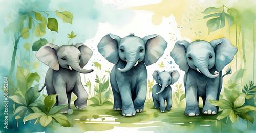 family of elephants in the jungle. watercolor painting.