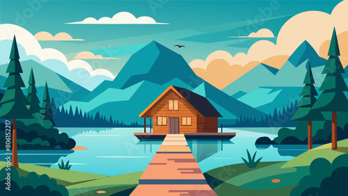 A picturesque lakeside retreat offering peaceful walks and opportunities for reflection on Stoic principles amidst the serene waters and rustic. Vector illustration