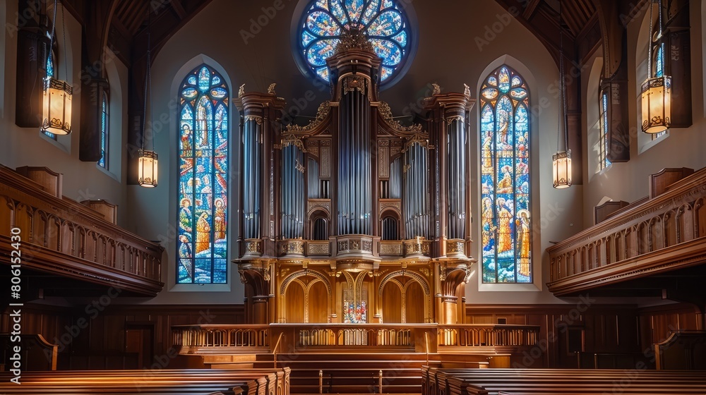 A large church with stained glass windows and a large organ. The church is very old and has a lot of history