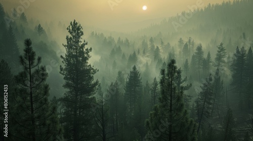 A smoky haze settling over a forest during a wildfire, obscuring visibility and posing respiratory risks to both humans and wildlife #806152433