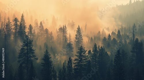 A smoky haze settling over a forest during a wildfire, obscuring visibility and posing respiratory risks to both humans and wildlife