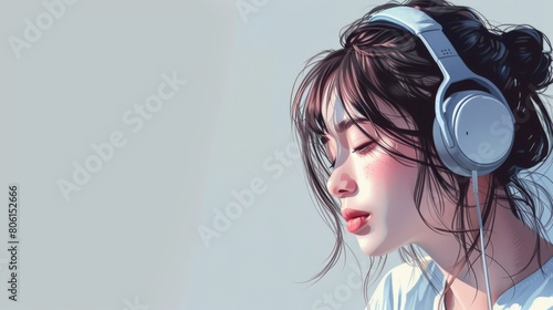 Illustration of a Korean girl with headphones, focusing on self-improvement and minimalist design. photo