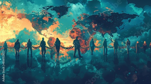 A group of people are chained together in a blue sky. The sky is filled with clouds and the people are in various positions. Scene is one of confinement and oppression photo