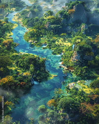 vibrant, lush aerial view of a diverse wildlife sanctuary, emphasizing intricate habitats and rare species, in detailed digital rendering