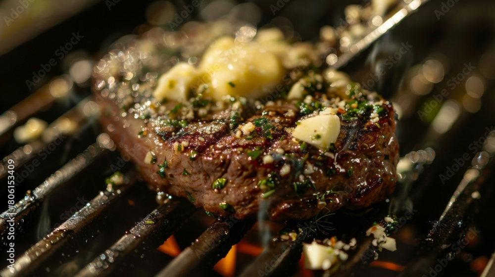 A steak being basted with garlic butter on a hot grill, infusing it with rich, savory flavor and ensuring moistness.