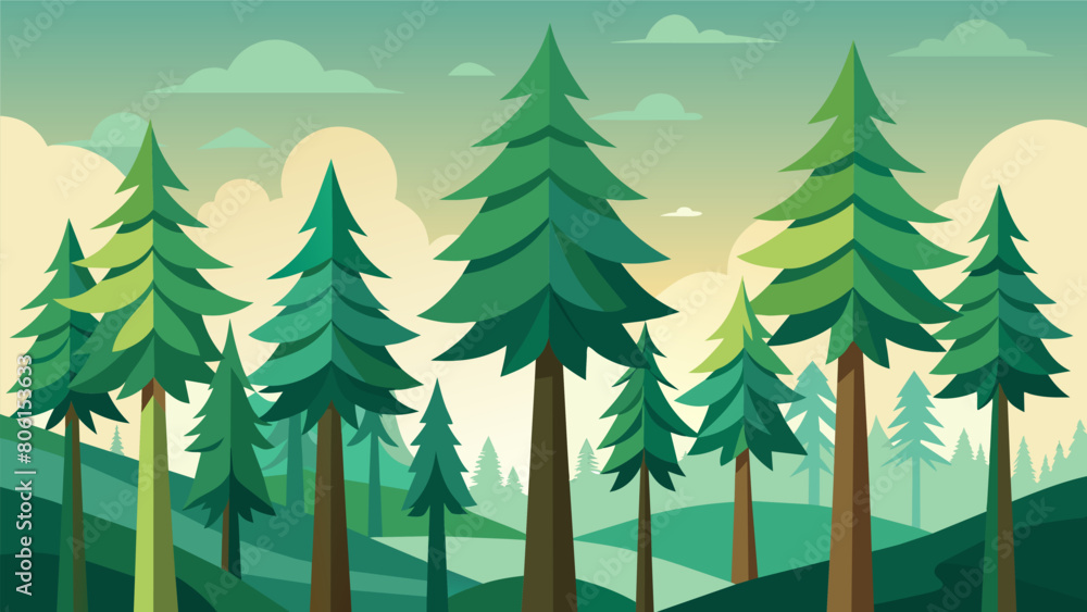 Fototapeta premium A of giant pine trees creating a natural canopy and ideal spot for hikers to stop and stretch while taking in the fresh pinescented air.. Vector illustration