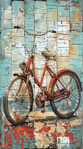 vibrant oil painting of a nostalgic classic bicycle from an eye-level angle, highlighting the intricate curves and textures of the vintage gainst a rustic background, invoking a s photo