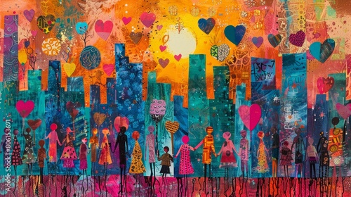 Wallpaper Mural A painting of a city with many people and a large heart in the center. The painting is full of bright colors and has a happy, joyful mood Torontodigital.ca