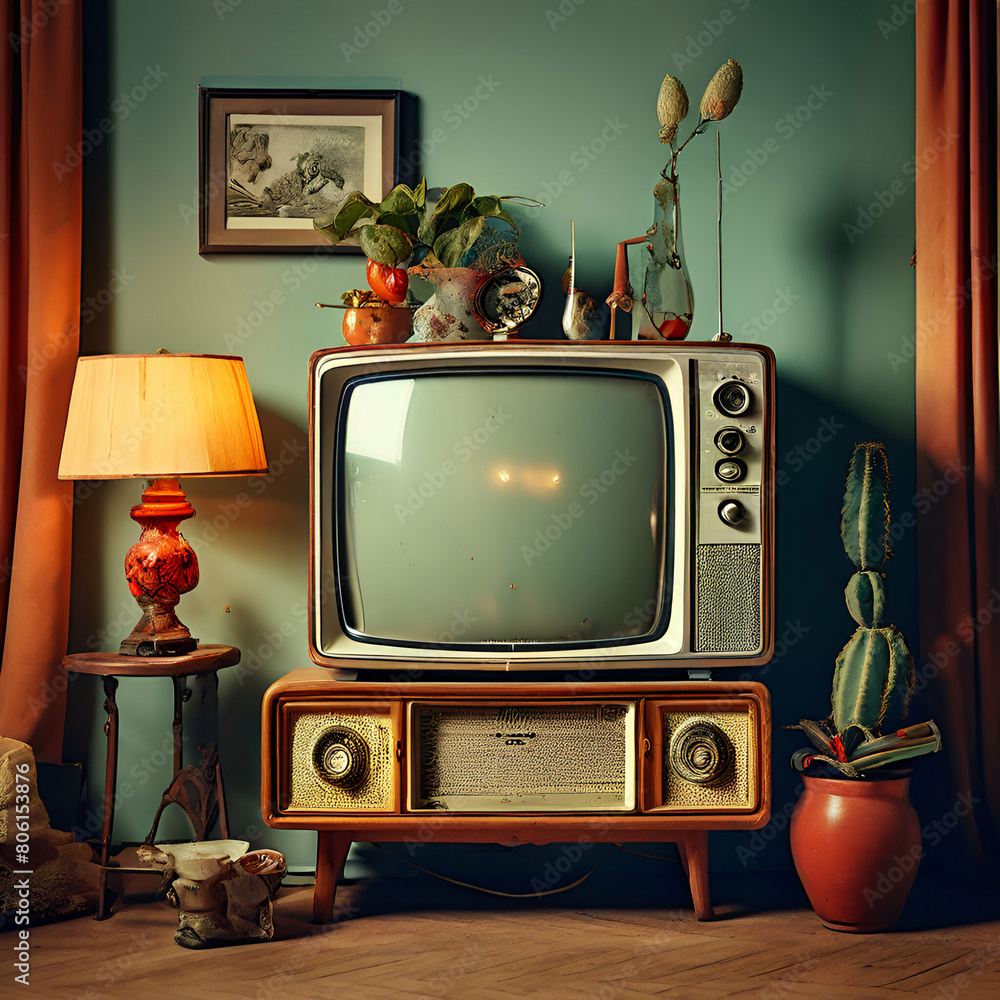 vintage tv with eclectic objected,Vintage Style Living Room Interior with Retro Sofa, Colorful Wallpaper, and Old Television Set,generate ai