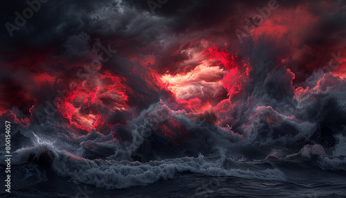A bold and intense interaction of crimson and dark grey waves, clashing in a powerful display that captures the drama of a stormy evening sky.