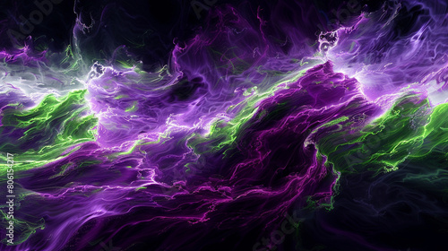 A bold and intense fusion of electric purple and bright green waves, colliding in a vivid display that captures the essence of modern dynamic art.