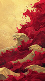A bold and spirited ascent of crimson and gold waves, surging with the fervor and passion of a hero's journey.