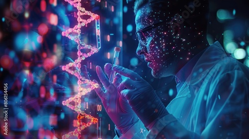 Witness the advancement of medical science with a wide banner hologram presenting a scientist holding medical testing tubes or vials, engaged in groundbreaking pharmaceutical research 