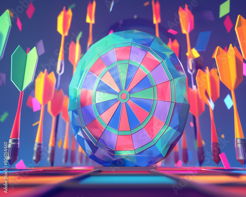 A digital rendering of a polygonal bullseye surrounded by colorful dartboards, photo