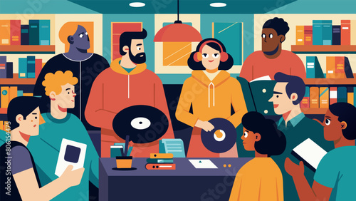 An album listening marathon at a local record store where participants try to listen to an entire discography in one day to honor a late artists Vector illustration photo