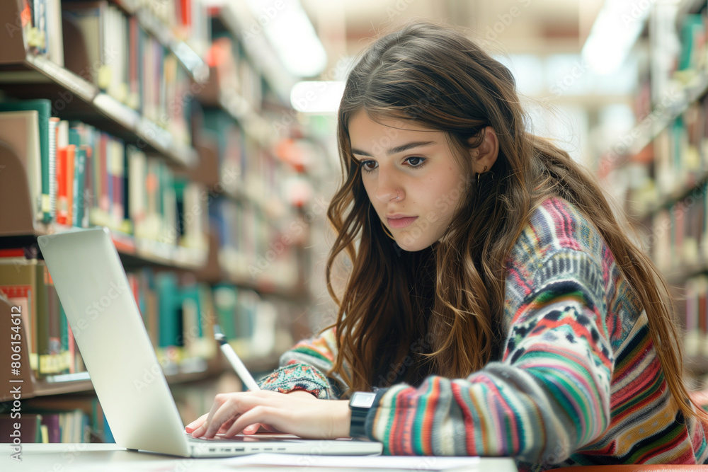 young female university or college student studying seriously in a library reading room, using laptop and learning online, writes Notes for the Paper, Essay, Exams, Study for Class young female university or college student studying seriously in a library reading room, using laptop and learning online, writes Notes for the Paper, Essay, Exams, Study for Class