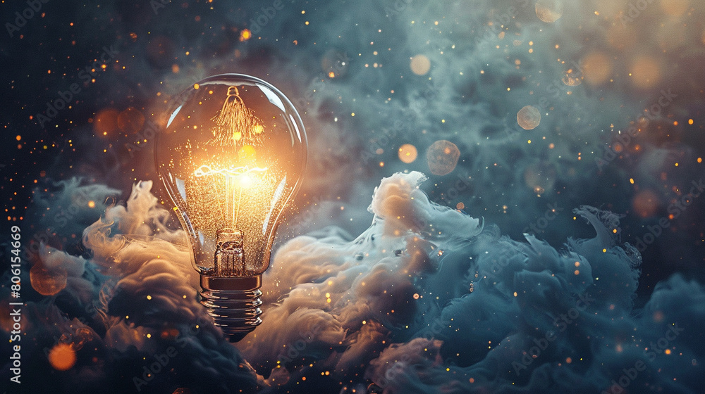 A glowing light bulb surrounded by swirling clouds of knowledge, A glowing light bulb surrounded by swirling clouds of knowledge,