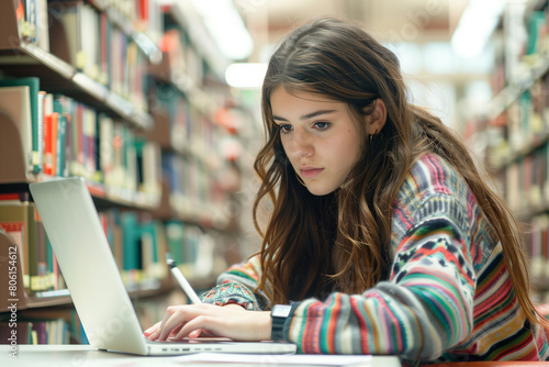 young female university or college student studying seriously in a library reading room, using laptop and learning online, writes Notes for the Paper, Essay, Exams, Study for Class