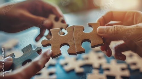 A group of people are working together to solve a puzzle. The puzzle is made up of two pieces that are being held together by two people