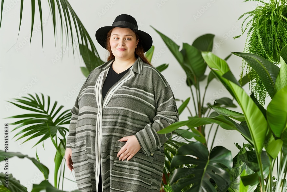 Plus-size model among tropical greenery smiling Plus-size model among tropical greenery smiling