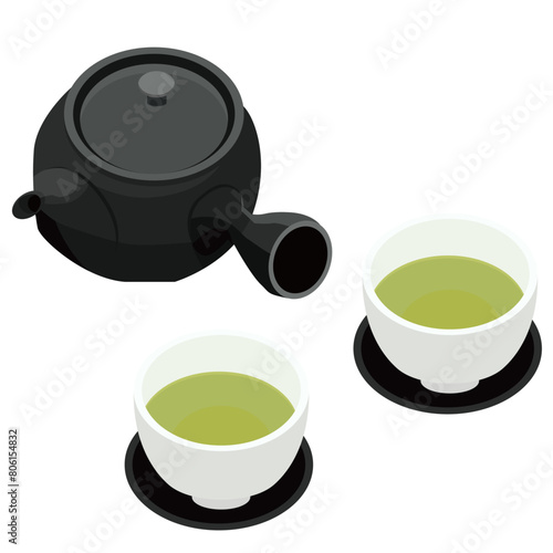 急須とお茶と茶葉と湯のみのアイコンのイラスト　ベクター