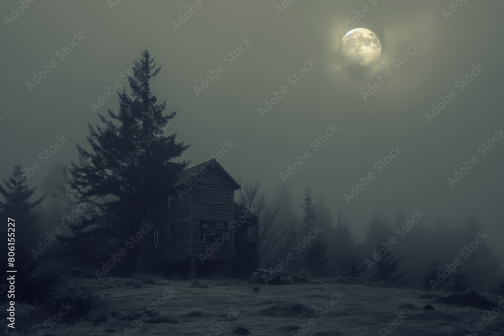 Naklejka premium A small house is surrounded by trees in a foggy forest
