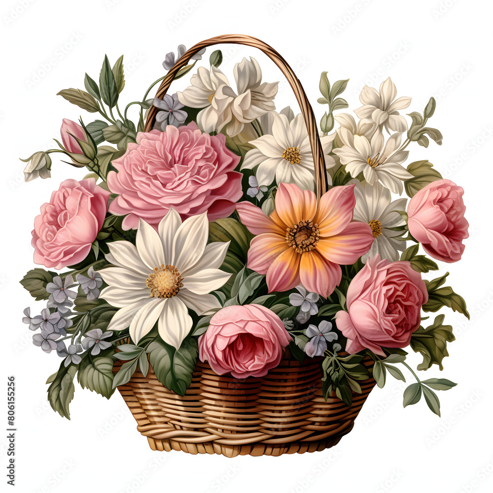 A classic clip art of a beautiful flower Wicker baskets, pastel colour, overflowing with assorted blooms and greenery, beautiful modern style, single objects, isolated on white background.