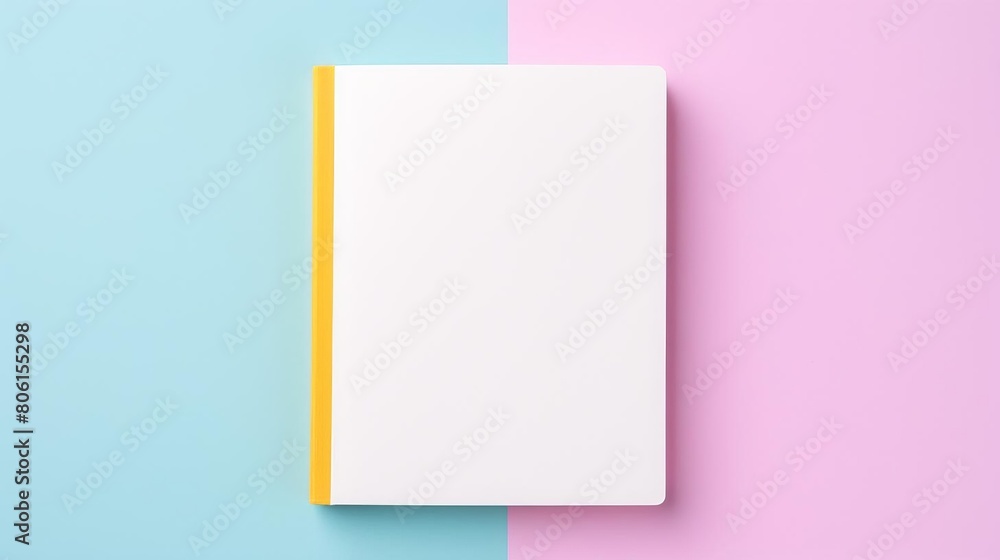A blank book with yellow binding against a blue and pink background.