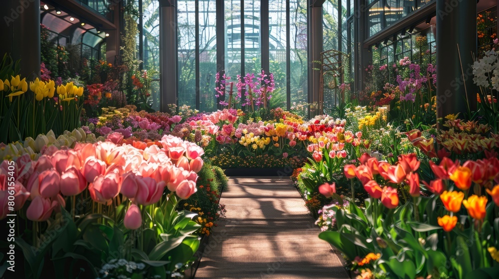 A garden filled with a variety of flowers, including pink and yellow tulips. The garden is well-maintained and has a bright, cheerful atmosphere