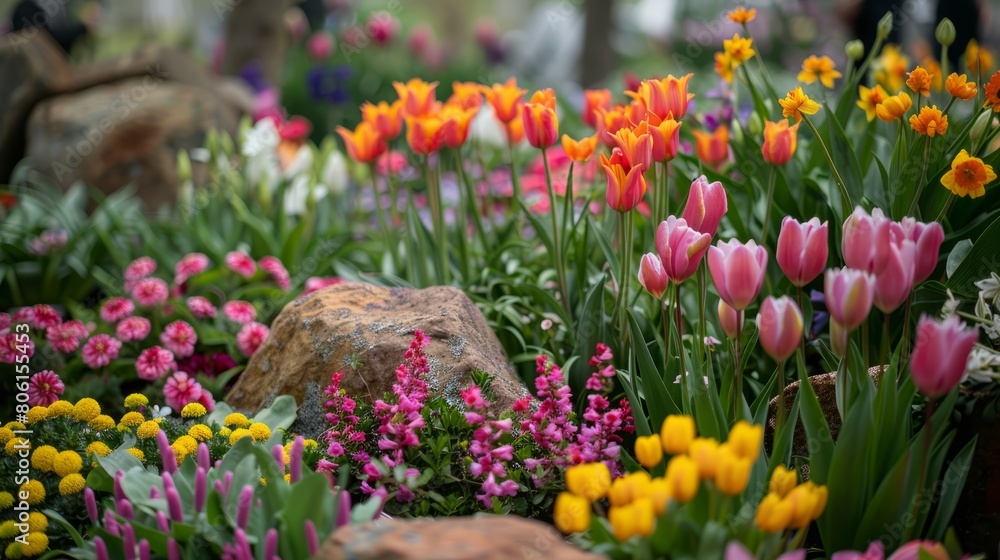 A colorful garden with a variety of flowers including pink and yellow tulips. The flowers are surrounded by rocks and a bench