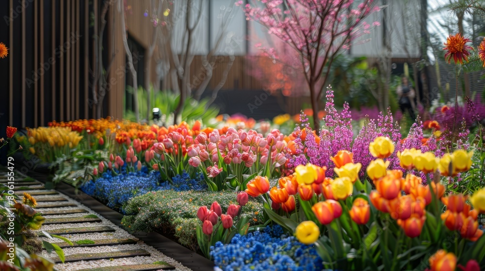 A garden with a variety of flowers including tulips and blue flowers. The flowers are in full bloom and are arranged in a way that creates a colorful and vibrant display