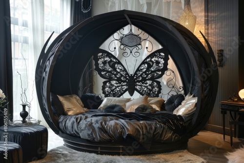 modern round circular sofa with butterfly back in black clor photo