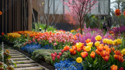 A garden with a variety of flowers including tulips and blue flowers. The flowers are in full bloom and are arranged in a way that creates a colorful and vibrant display © Rattanathip