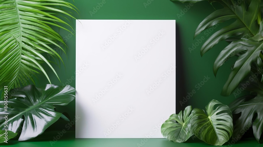 The lush green leaves of a tropical forest surround a blank white canvas, waiting for your masterpiece.