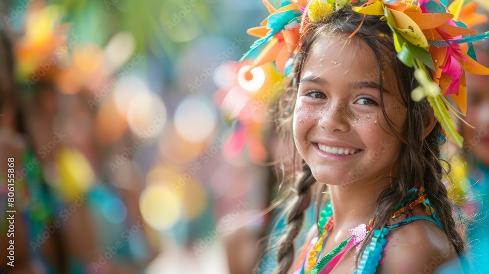 A girl wearing a flower headband and a colorful outfit is smiling. She is surrounded by other people in similar outfits A girl wearing a flower headband and a colorful outfit is smiling. She is surrounded by other people in similar outfits