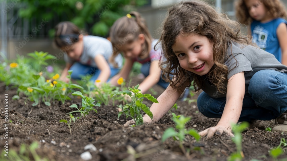 A group of children are playing in a garden, with one girl kneeling down and touching a plant. Scene is happy and playful, as the children are enjoying their time outdoors A group of children are playing in a garden, with one girl kneeling down and touching a plant. Scene is happy and playful, as the children are enjoying their time outdoors
