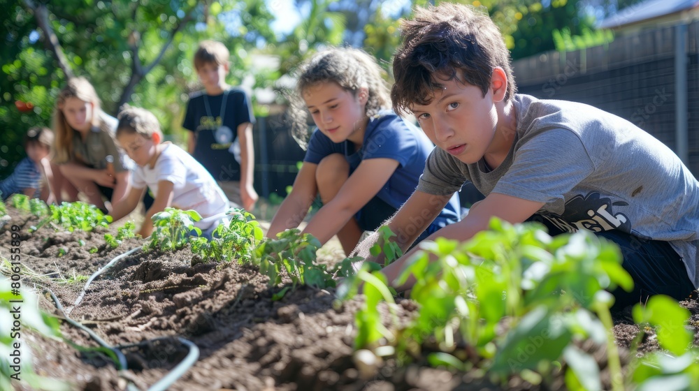A group of children are working in a garden. One boy is wearing a shirt that says A group of children are working in a garden. One boy is wearing a shirt that says