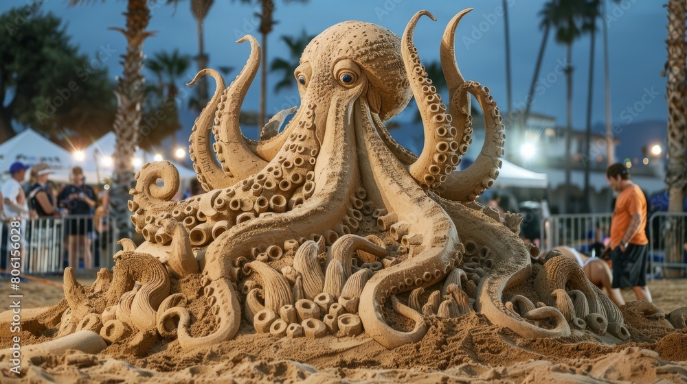 A large sand sculpture of an octopus is on display at a beach. The sculpture is surrounded by a crowd of people, some of whom are taking pictures. Scene is lively and festive A large sand sculpture of an octopus is on display at a beach. The sculpture is surrounded by a crowd of people, some of whom are taking pictures. Scene is lively and festive