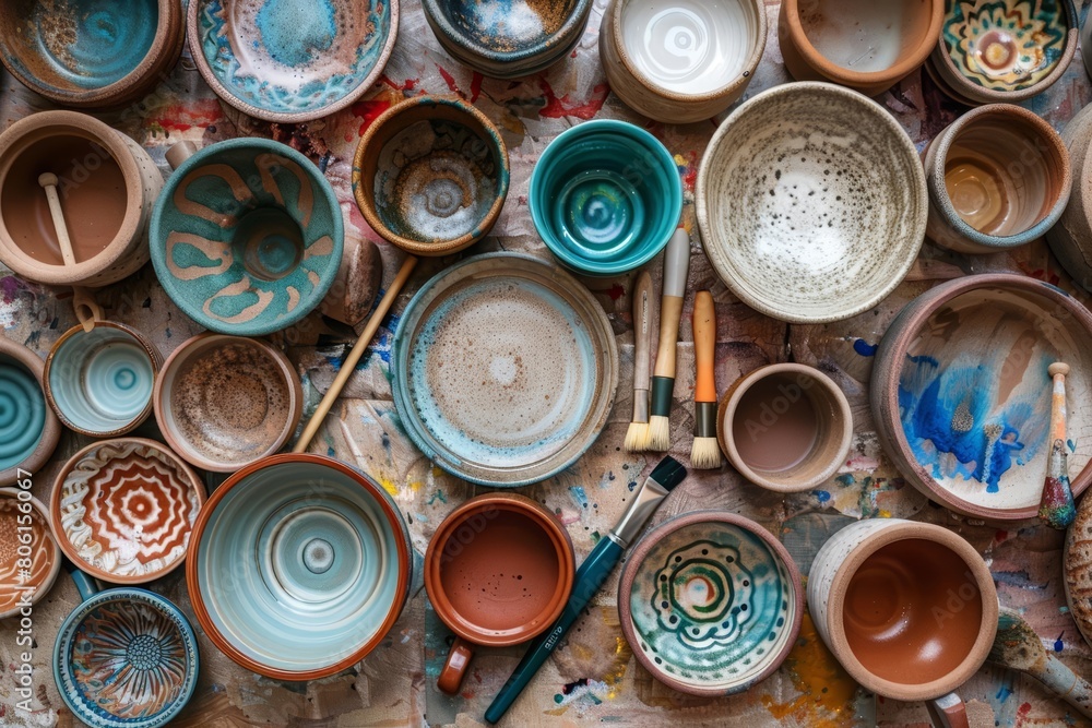 A creative flat lay template of handpainted ceramics showcases the intricate art of pottery, with solid background and copy space on center A creative flat lay template of handpainted ceramics showcases the intricate art of pottery, with solid background and copy space on center