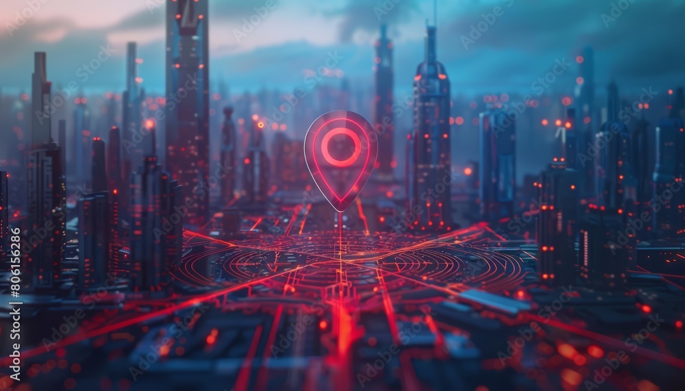 Fototapeta premium A futuristic map pin location with AI technology hovers above a digitized cityscape, Sharpen banner template with copy space on center