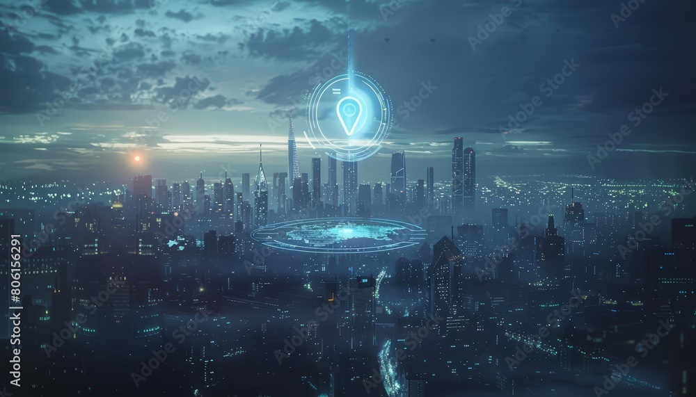 A futuristic map pin location with AI technology hovers above a digitized cityscape, Sharpen banner template with copy space on center A futuristic map pin location with AI technology hovers above a digitized cityscape, Sharpen banner template with copy space on center