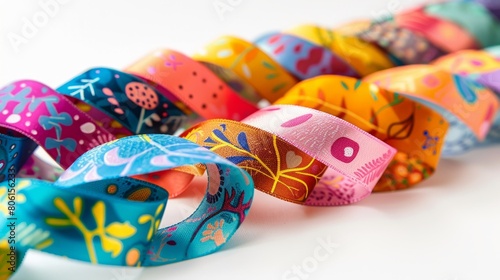 A colorful ribbon with a flower design is shown in a row. The ribbon is made of a shiny material and is long and thin. The ribbon is arranged in a way that it looks like a spiral