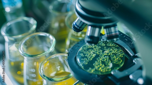 A laboratory scene featuring a microscope and a petri dish. The petri dish contains a culture of microorganisms being examined under the microscope. photo
