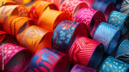 A bunch of colorful ribbons are displayed in a row. The ribbons are of different colors and patterns  creating a vibrant and lively atmosphere