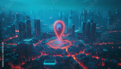 A futuristic map pin location with AI technology hovers above a digitized cityscape, Sharpen banner template with copy space on center photo